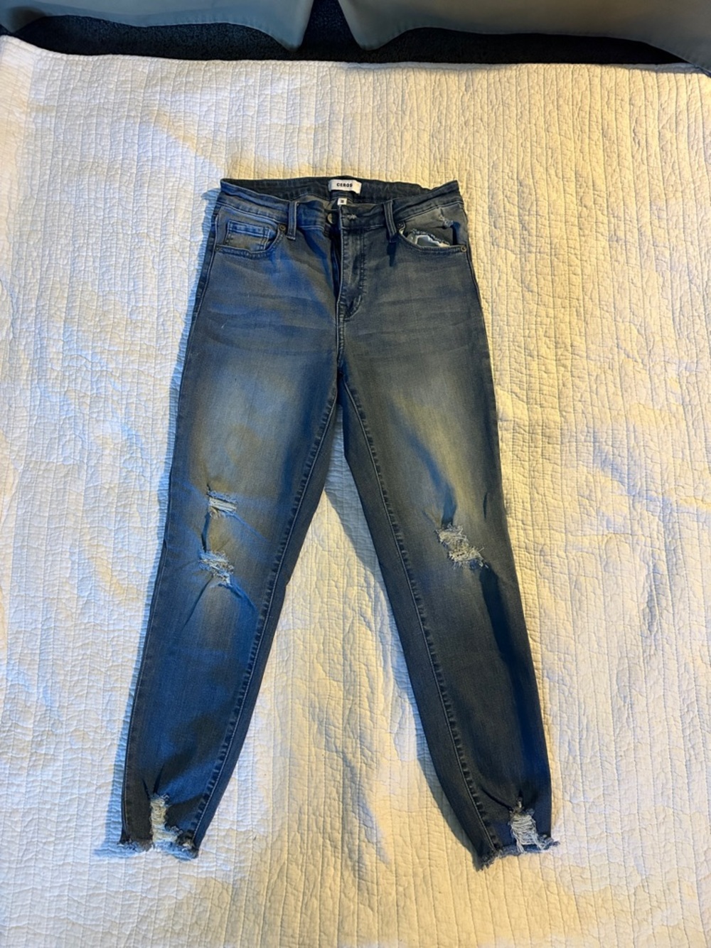 High-Rise Distressed Skinny Jeans in Dark Blue